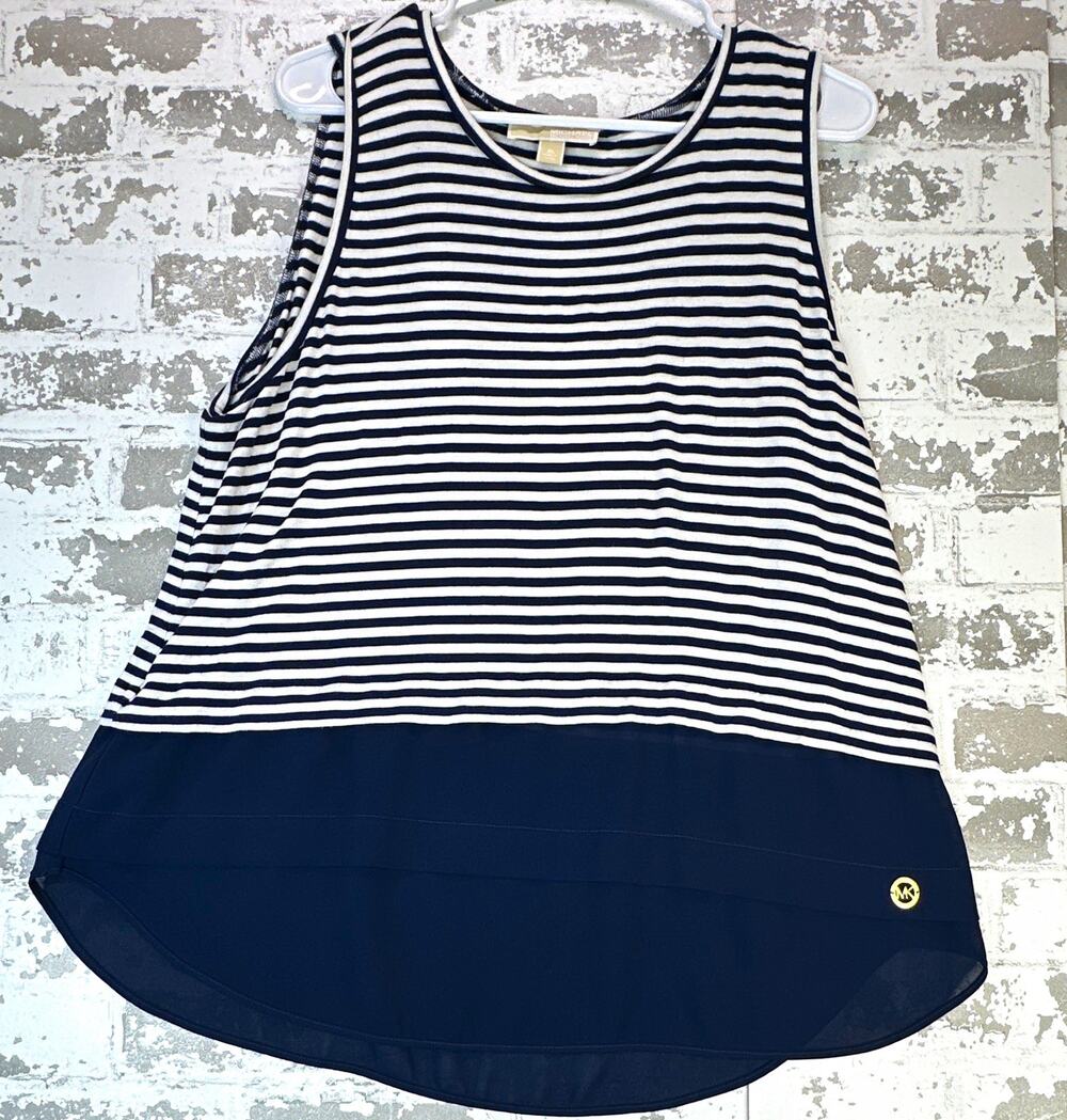 MICHAEL Michael Kors Womens XL Navy White Striped Sleeveless Chiffon Hem Top
